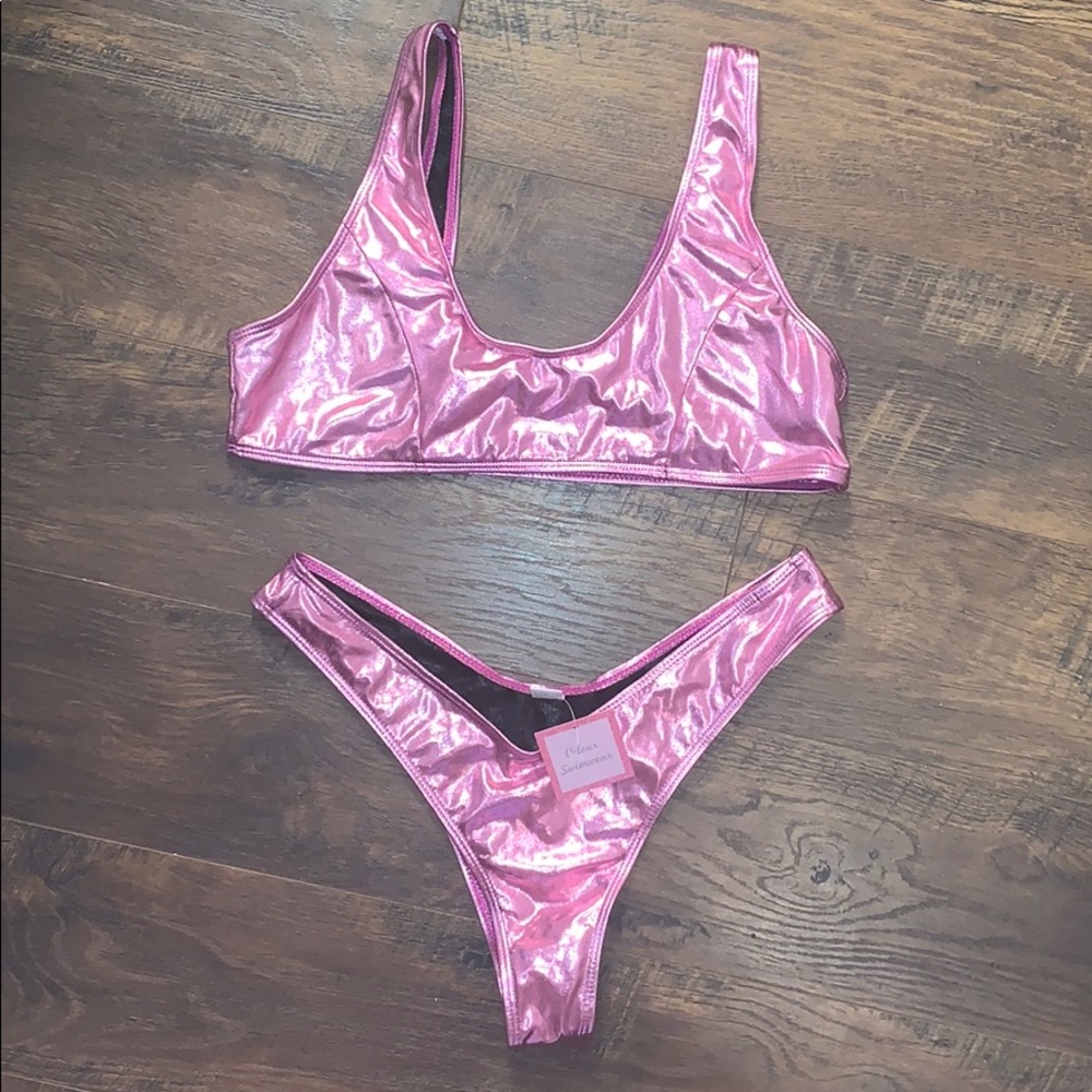 Metallic Pink High-rise Thong Bikini